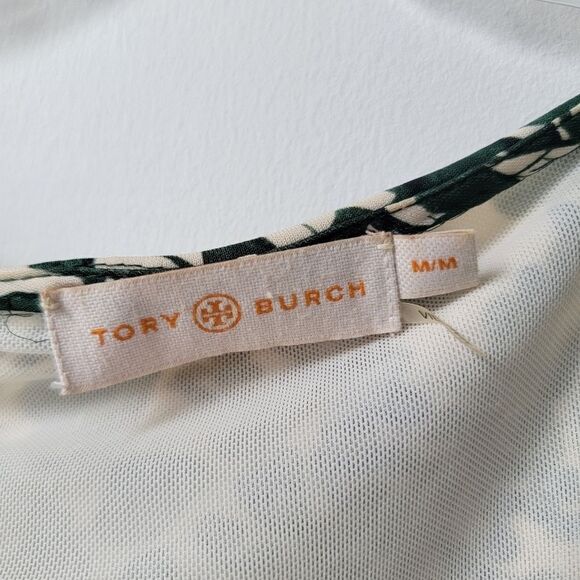 TORY BURCH Michele Vine Jersey Draped Dress Green Cream Size Medium - Picture 4 of 10